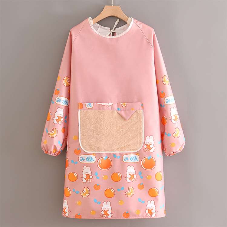 保育士 エプロン うさぎ フルーツ かわいい 保育士 エプロンワンピース 袖付き ポケット付き ブルー ピンク ブラック