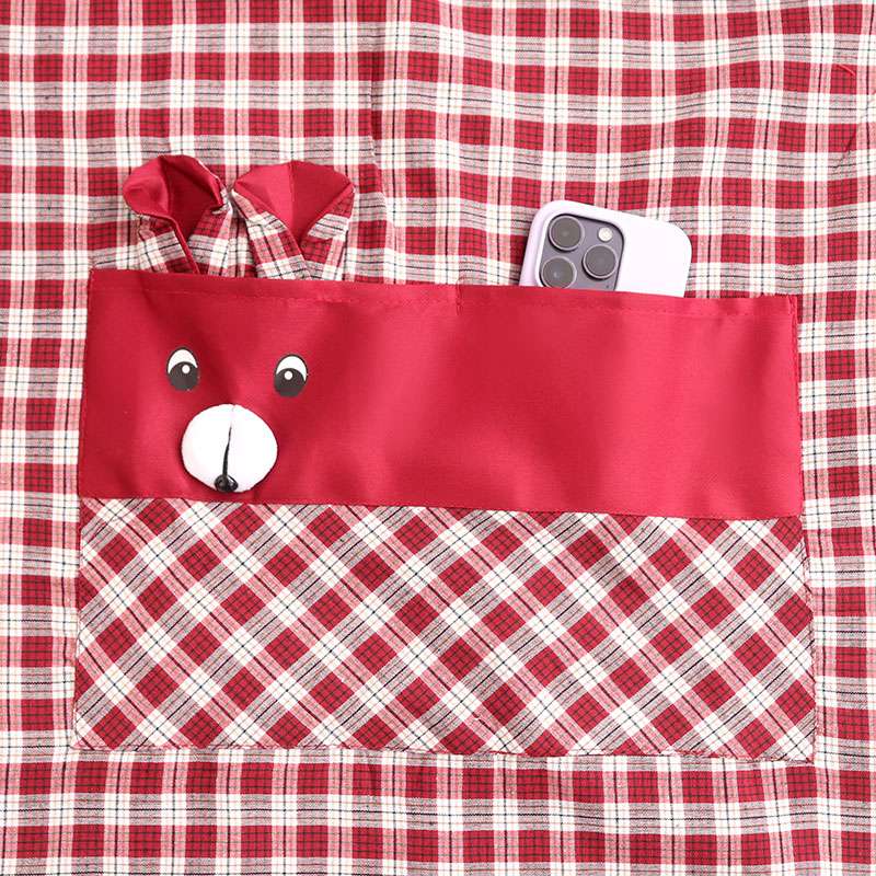 保育士 エプロン チェック柄 クマ ポケット 保育士 エプロンワンピース ブラック レッド