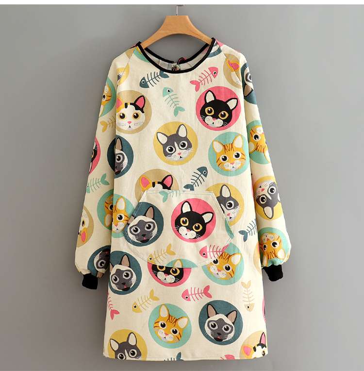 保育士 エプロン かわいい動物 うさぎ ねこ 動物柄 プリント 保育士 エプロンワンピースセット 袖付き イエロー オレンジ