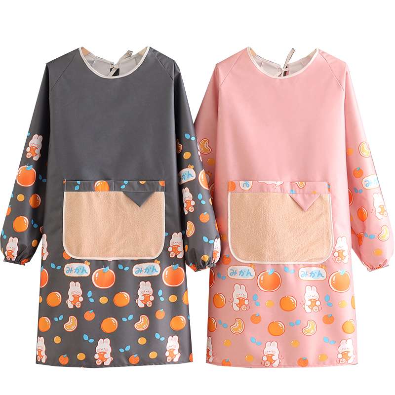 保育士 エプロン うさぎ フルーツ かわいい 保育士 エプロンワンピース 袖付き ポケット付き ブルー ピンク ブラック