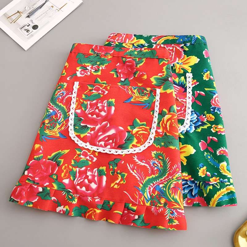 フリル保育士 エプロン 花柄 レッド グリーン