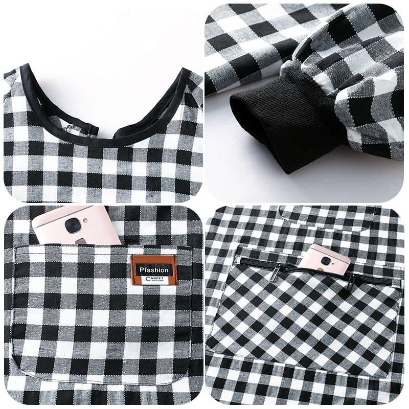 保育士 エプロン チェック柄 保育士 エプロンワンピース 2点セット袖付き ポケット付き ブラック レッド