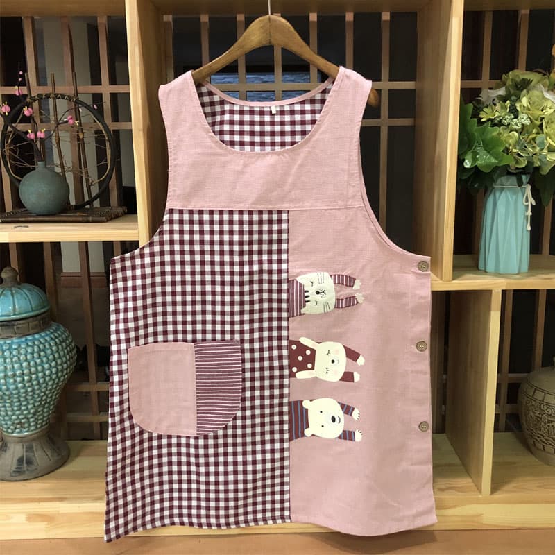 保育士 エプロン 三匹の動物さん アップリケ アニマル ピンク ブルー