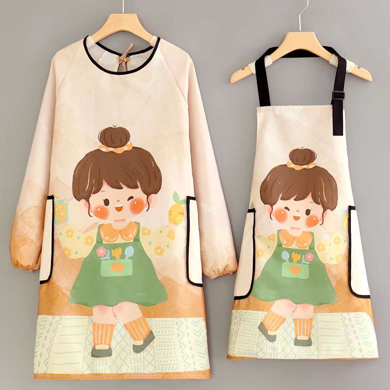 保育士 エプロン 可愛い 女の子 イラスト入り 保育士 エプロンワンピース ポケット付き 袖付き ベージュ