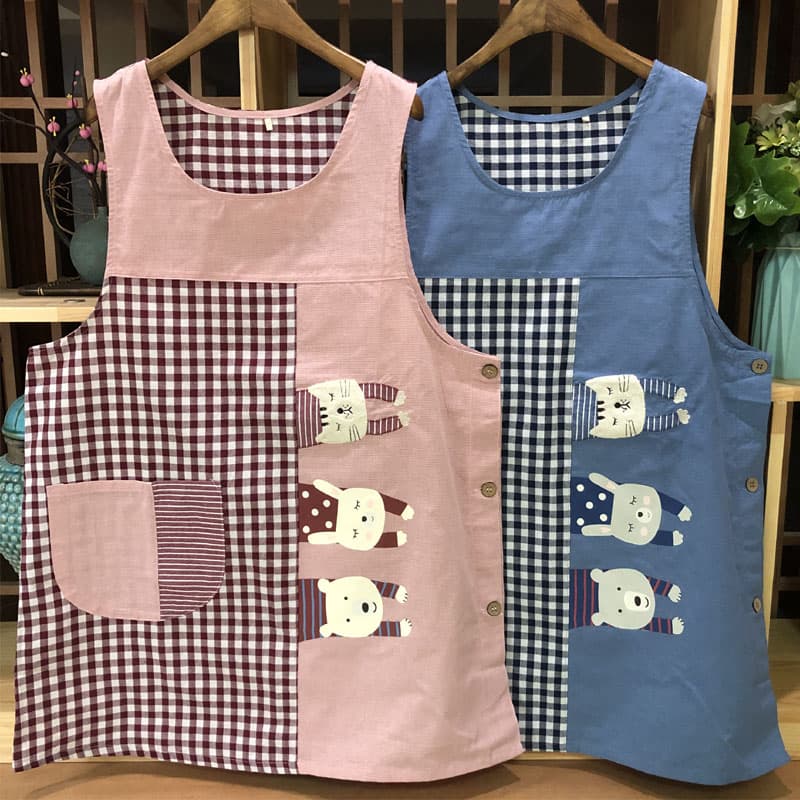 保育士 エプロン 三匹の動物さん アップリケ アニマル ピンク ブルー