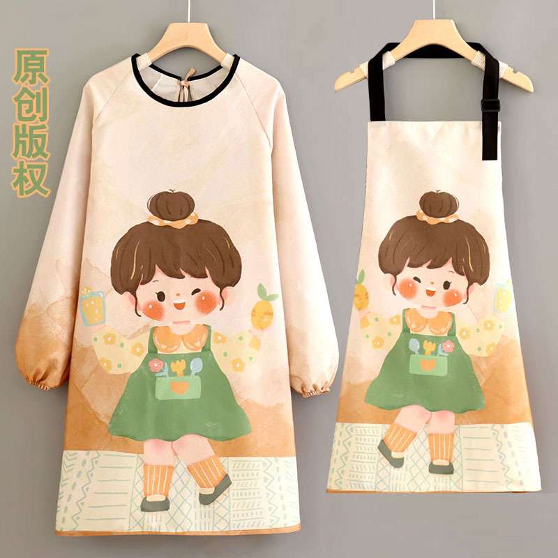 保育士 エプロン 可愛い 女の子 イラスト入り 保育士 エプロンワンピース ポケット付き 袖付き ベージュ