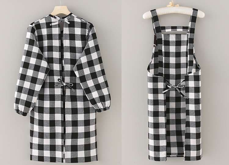 保育士 エプロン チェック柄 保育士 エプロンワンピース 2点セット袖付き ポケット付き ブラック レッド