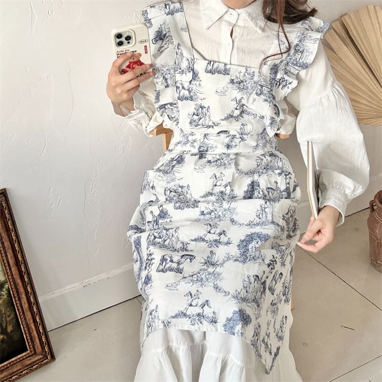 保育士 エプロン 北欧風おしゃれな袖なしフリル付きエプロン