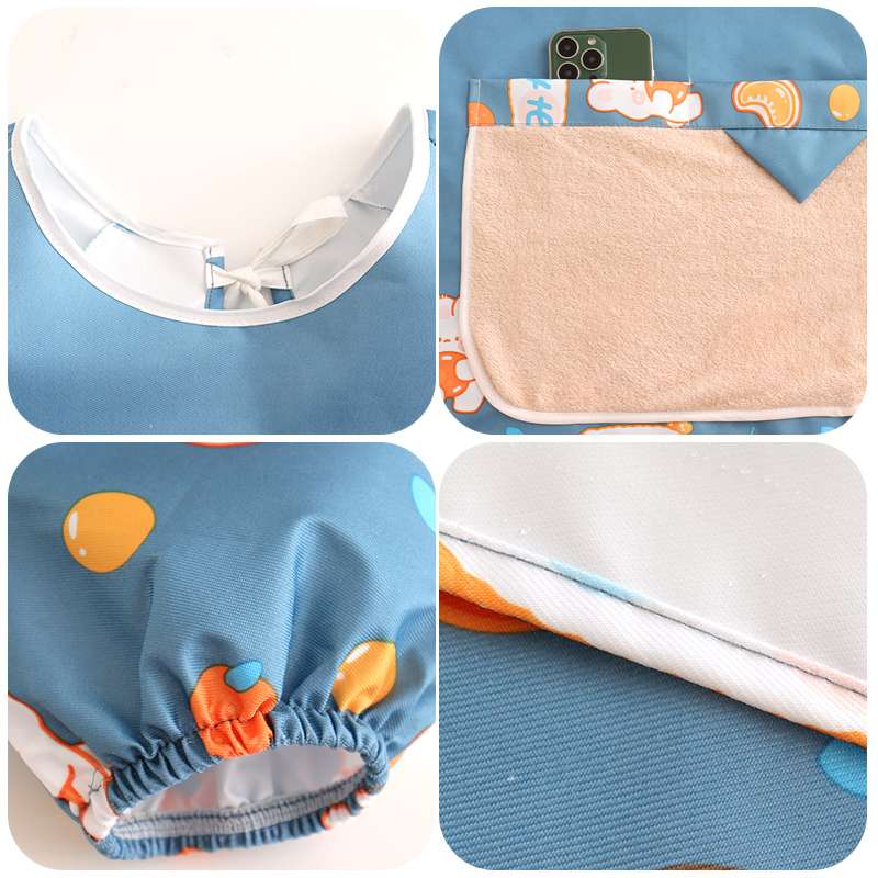 保育士 エプロン うさぎ フルーツ かわいい 保育士 エプロンワンピース 袖付き ポケット付き ブルー ピンク ブラック