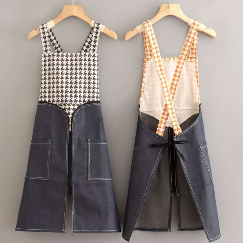 保育士 エプロン ハウンド トゥース柄 切替 ジャンパー スカート保育士 エプロン ジッパー付き ポケット付き ブラック オレンジ