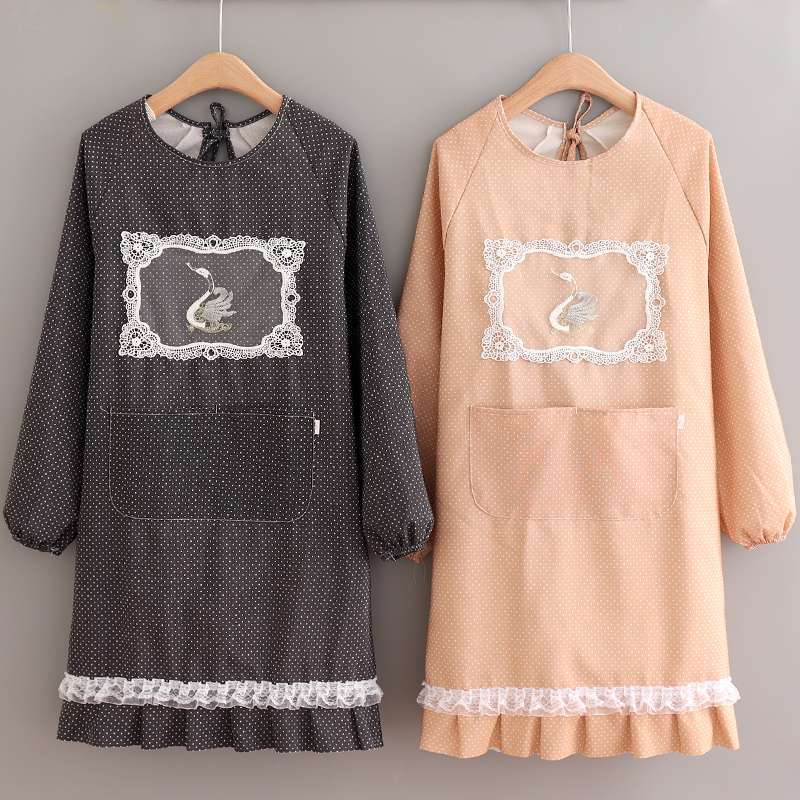 保育士 エプロン スワン刺繍レース フリル 保育士 エプロンワンピース ブラック ベージュ ピンク